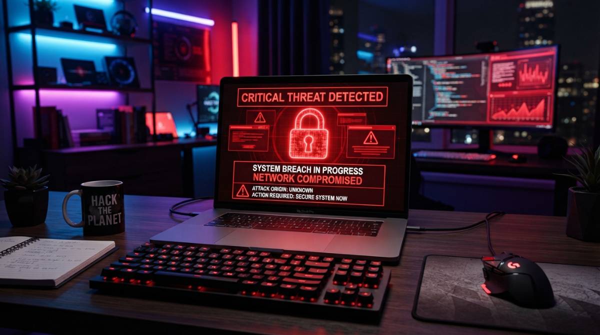 Ноутбук на рабочем столе с красным экраном, символизирующим угрозу информационной безопасности