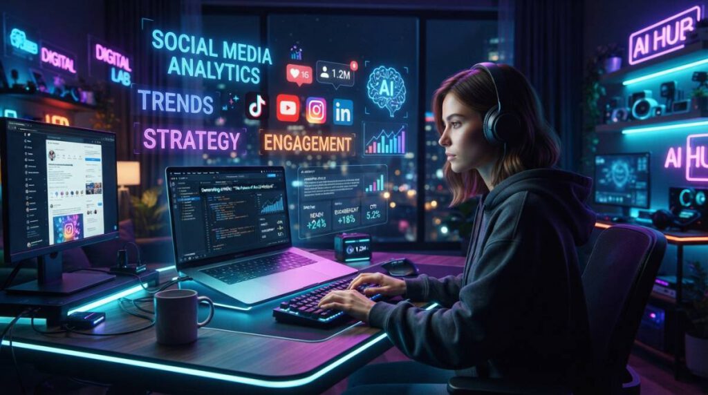 Иллюстрация рабочего места SMM-специалиста с нейросетью для генерации контента