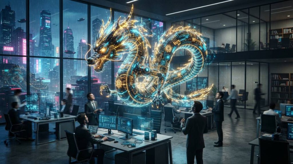 Иллюстрация нейросети Qwen 3.8-Max от компании Alibaba в стиле футуристичного ИИ