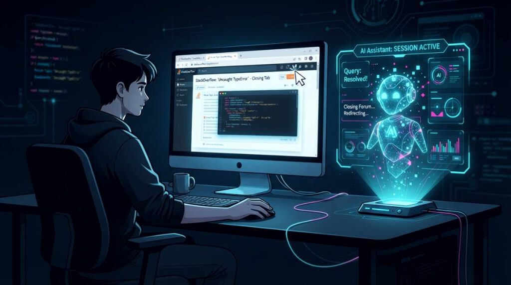 Иллюстрация перехода разработчиков от Stack Overflow к ИИ-ассистентам