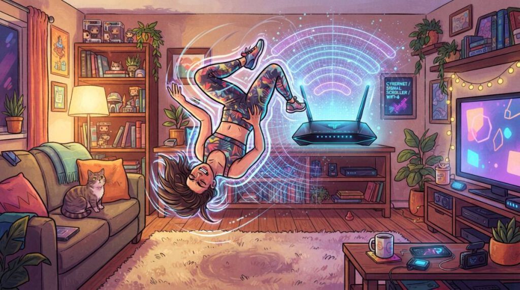 Иллюстрация человека, делающего кувырок перед Wi-Fi роутером для подключения к интернету