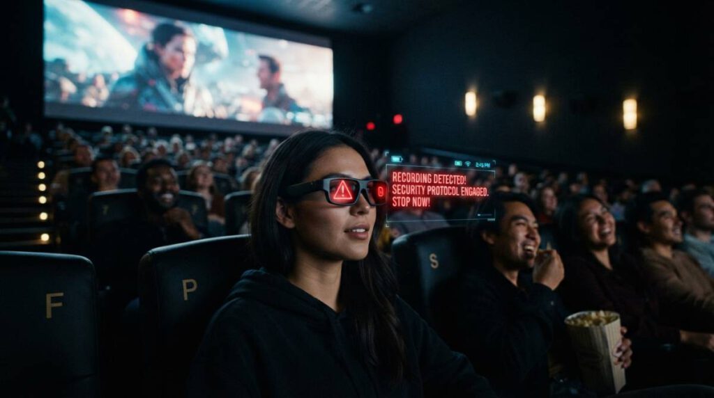 Зритель в умных очках с искусственным интеллектом Meta Smart Glasses в кинозале