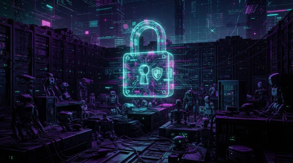 Концептуальная иллюстрация системы безопасности искусственного интеллекта и блокировки бот-сетей