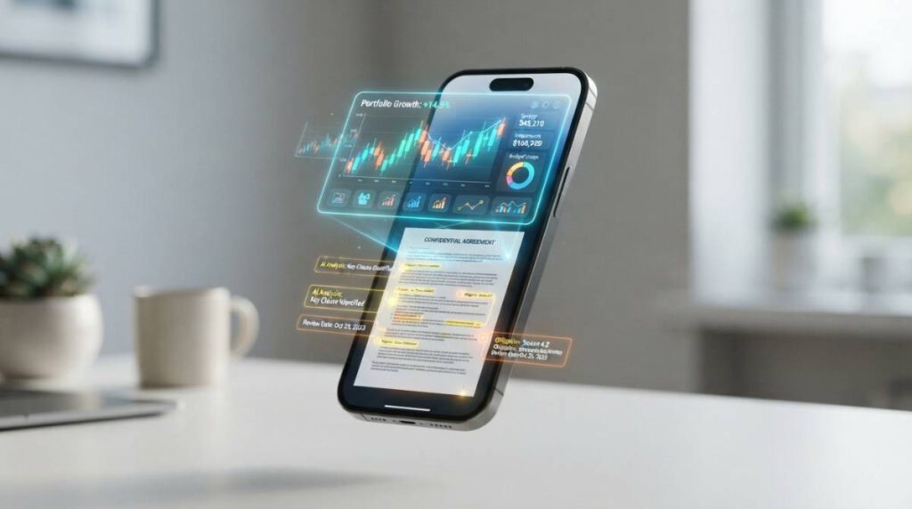Смартфон с голографическими графиками бюджета и проверенным договором