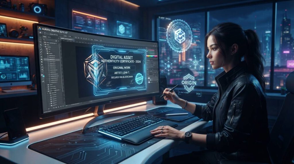 Интерфейс графического редактора с голографической меткой C2PA и защищенным цифровым сертификатом