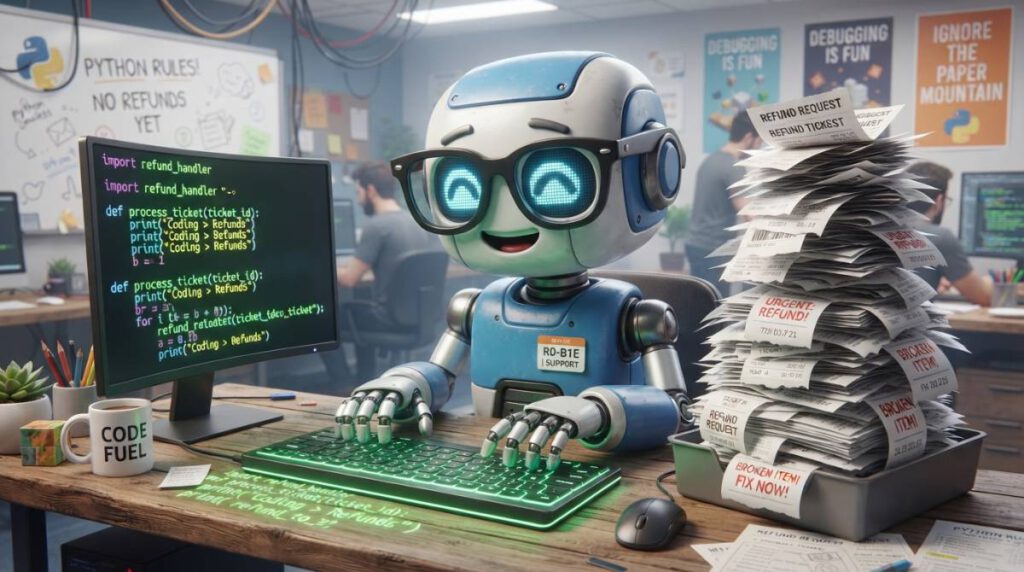 Забавный 3D робот службы поддержки за компьютером с кодом на экране