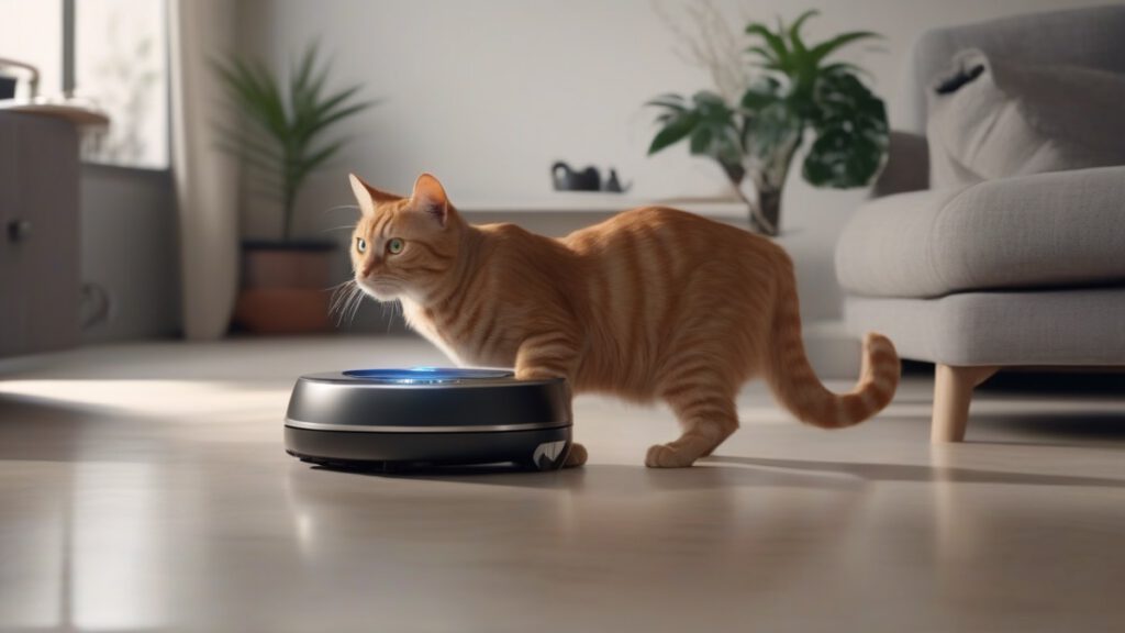 Рыжий кот недоуменно смотрит на робот-пылесос, который толкает его миску с едой.