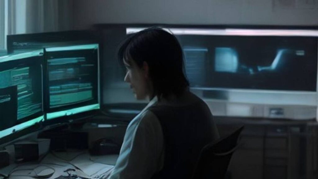 IT-специалист работает с искусственным интеллектом за современным компьютером