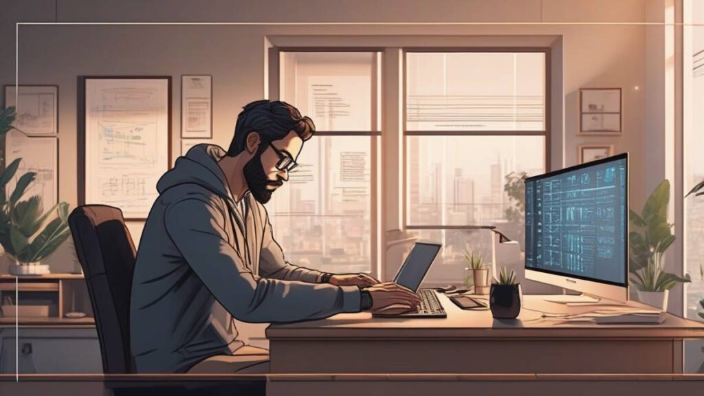 Профессиональный разработчик работает с нейросетью Gemma 2 на своем ноутбуке.