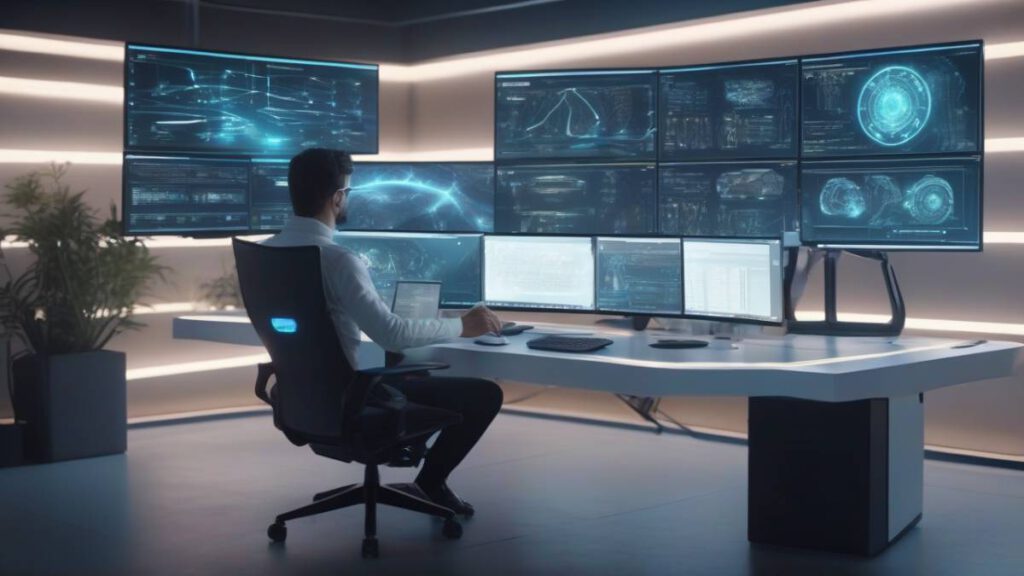 Разработчик использует Cursor AI для написания кода на мониторе