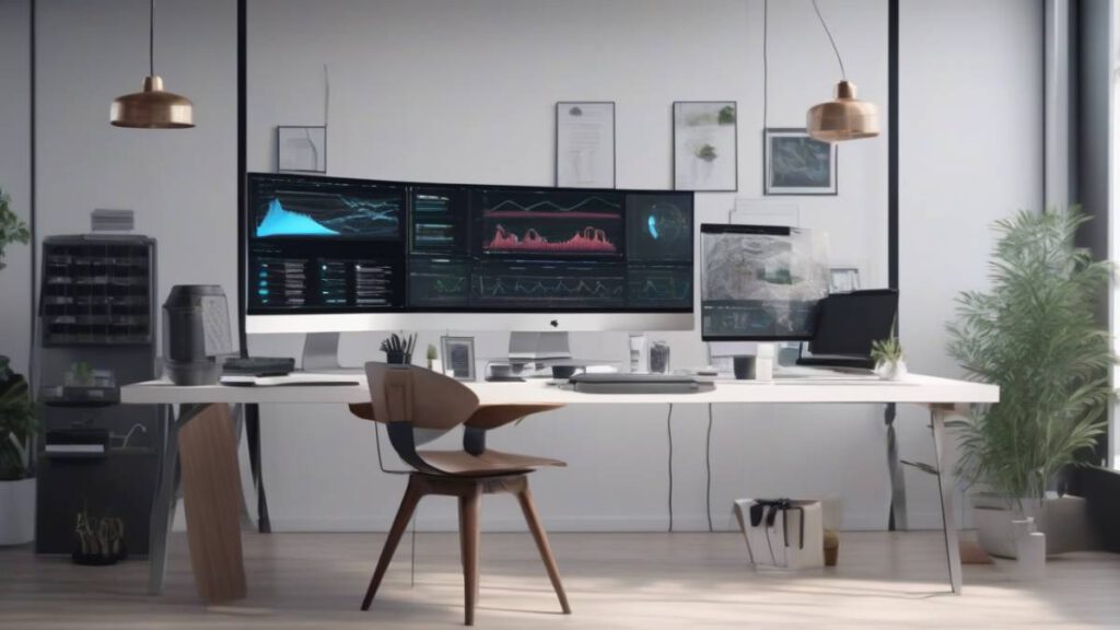 Фрилансер работает за компьютером с интерфейсами нейросетей для поиска высокооплачиваемой удаленной работы