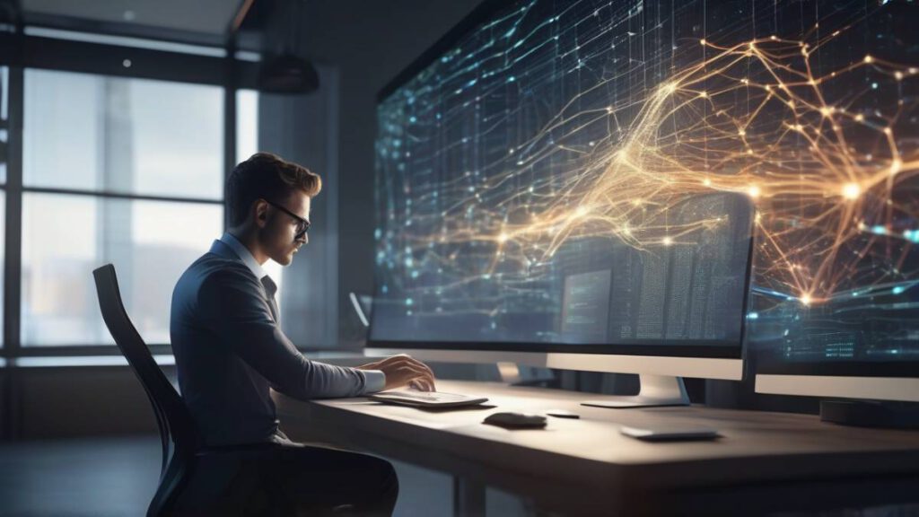 Человек работает за компьютером с интерфейсом искусственного интеллекта, концепция обучения будущего.