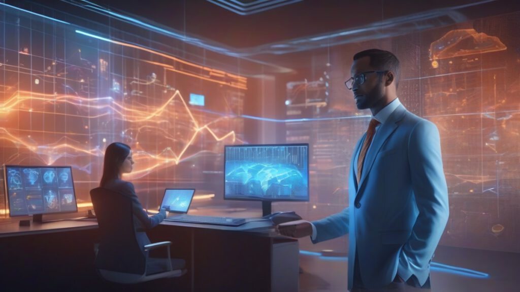 Менеджер работает с системой Salesforce Agentforce, визуализация сотрудничества человека и автономного ИИ-агента.