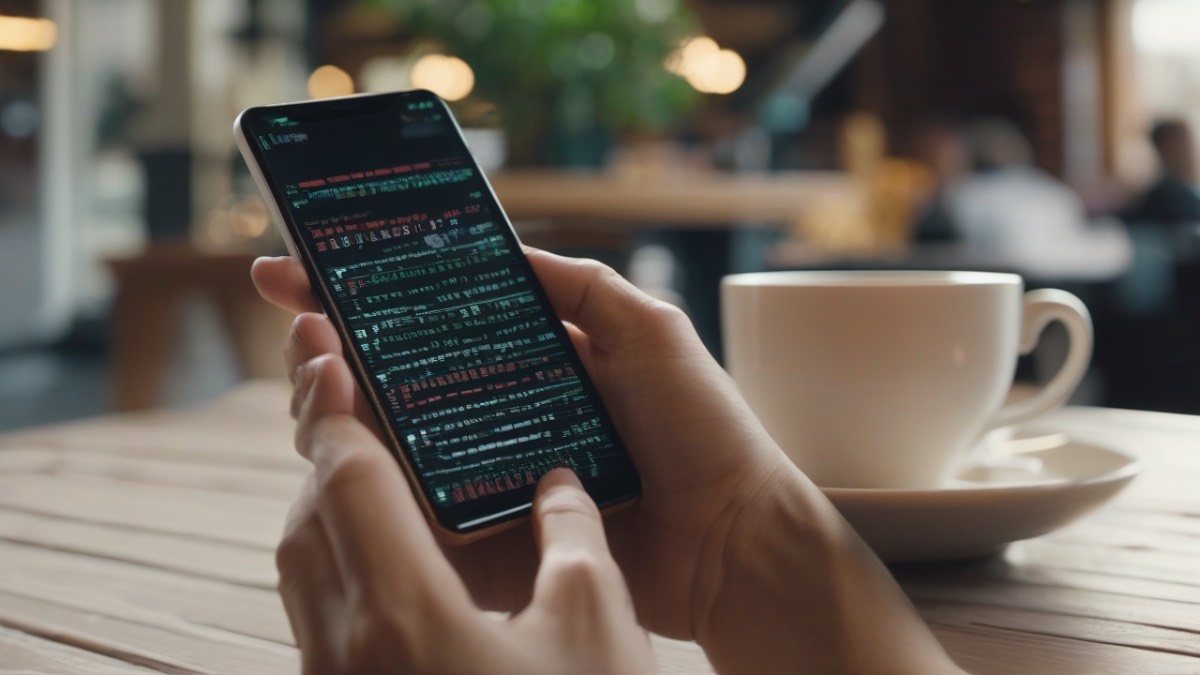Программист использует нейросеть на смартфоне в кафе
