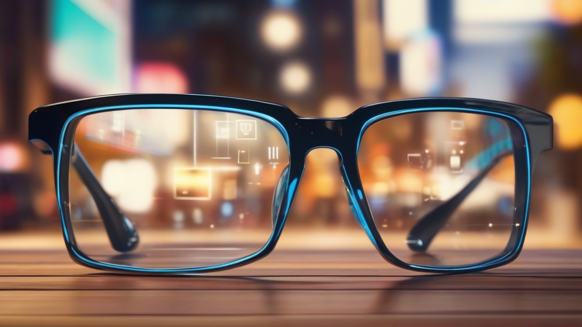 Умные очки Ray-Ban Meta с ИИ на столе Технологичные умные очки Ray-Ban Meta, способные идентифицировать людей, лежат на столе в стиле киберпанк.
