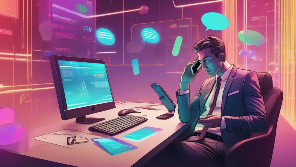 Мужчина в костюме в недоумении смотрит на смартфон, где нейросеть переводит документы на молодежный сленг.