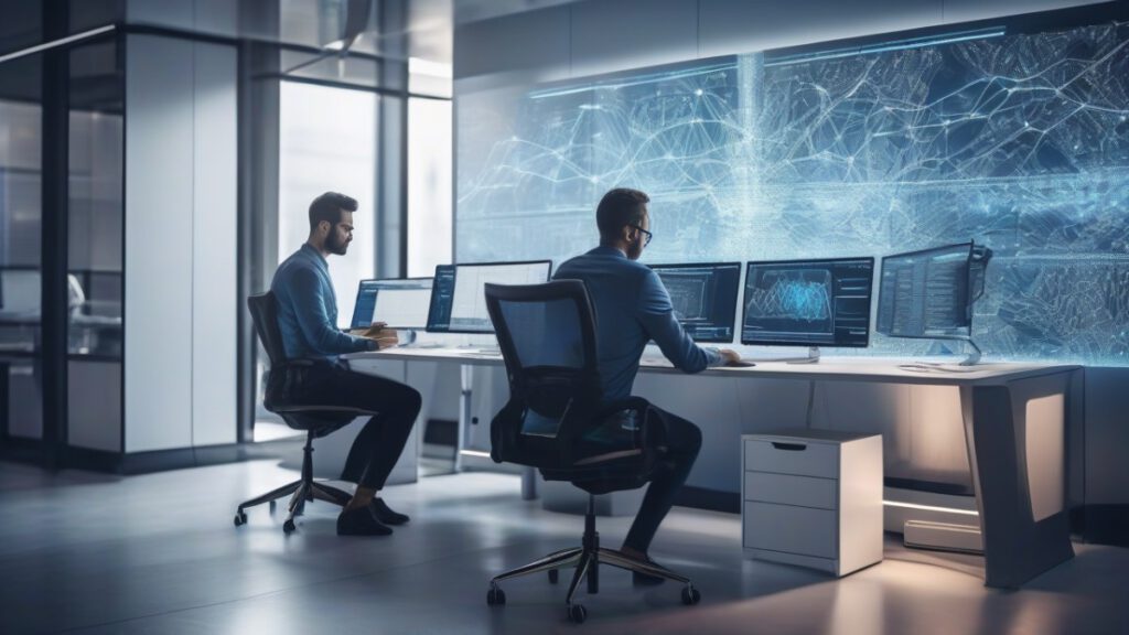 Специалист работает за компьютером с локально запущенным искусственным интеллектом для обеспечения безопасности данных.