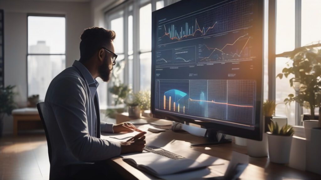 Фрилансер работает с нейросетевыми инструментами аналитики данных Tableau в современном офисе