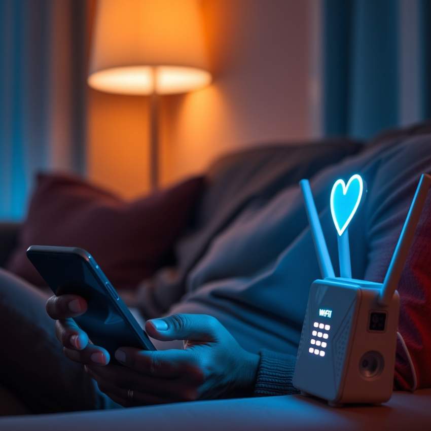 Человек сидит на диване рядом с мигающим Wi-Fi роутером, концепция сбоя алгоритмов знакомств.
