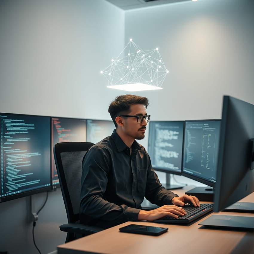 IT-специалист использует нейросеть для анализа сложного кода на мониторах