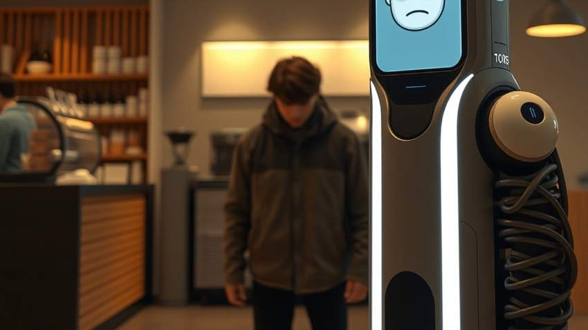 Клиент в кофейне пытается заказать кофе у навязчивого нейросетевого терминала с лицом-эмодзи.