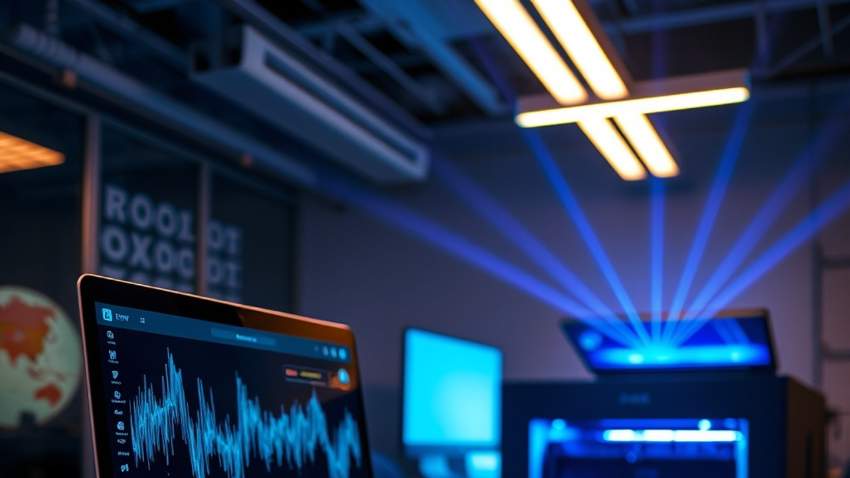 Музыкальный интерфейс на экране ноутбука, совмещенный с образом офисного принтера, символизирующий сбой нейросетевых рекомендаций.