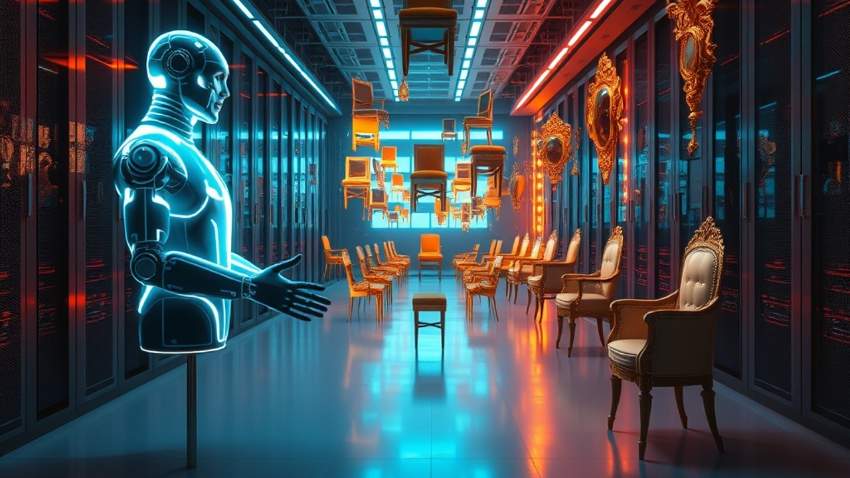 Две голографические проекции искусственного интеллекта спорят о дизайне кресел в серверной комнате