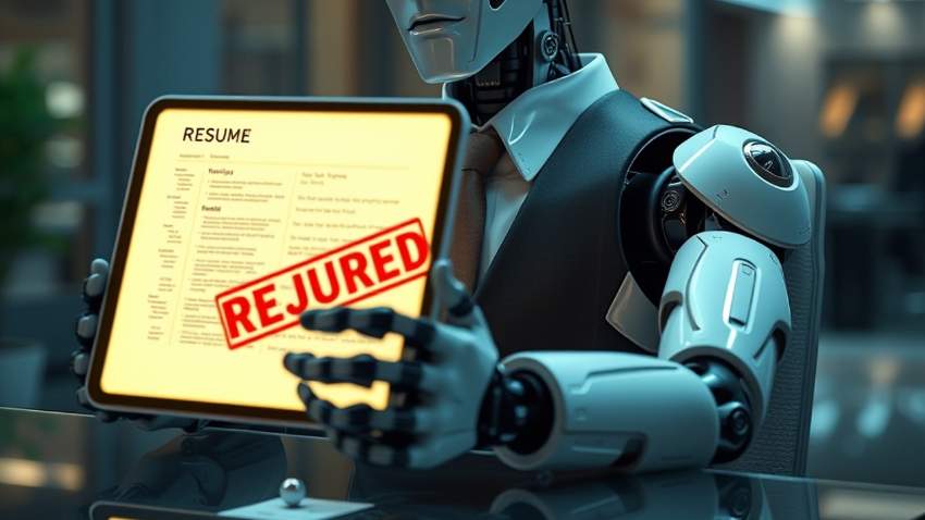 Робот-рекрутер в футуристичном офисе изучает резюме и выдает отказ кандидату.