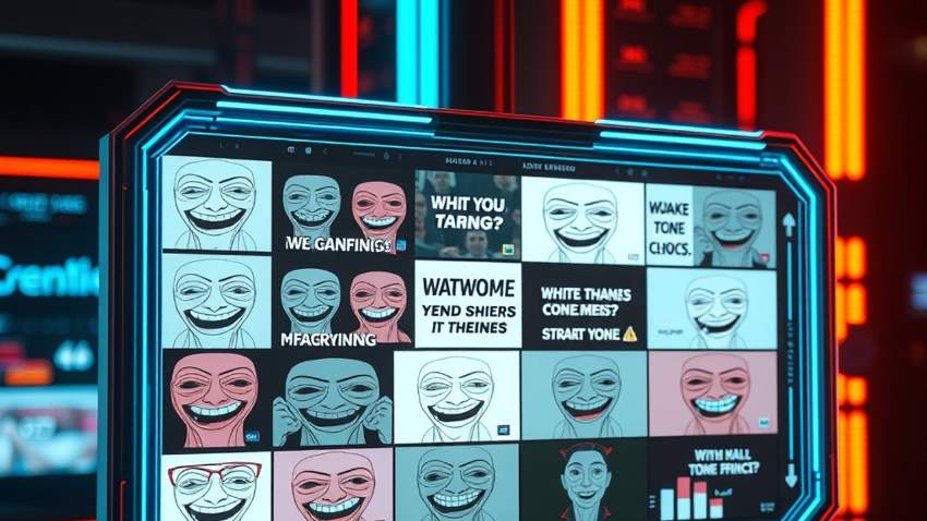 Футуристический интерфейс нейросети, генерирующий абсурдные и смешные мемы на экране монитора.