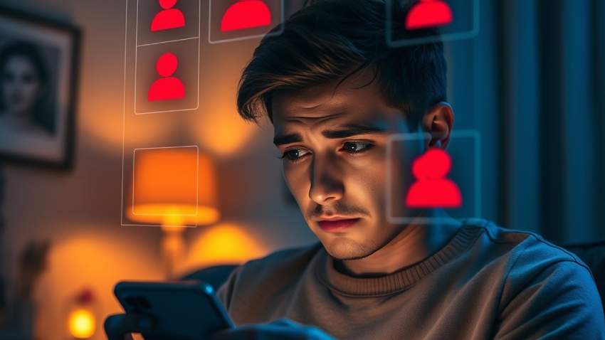 Мужчина в недоумении смотрит на смартфон, который самостоятельно отправляет сообщения бывшим партнерам