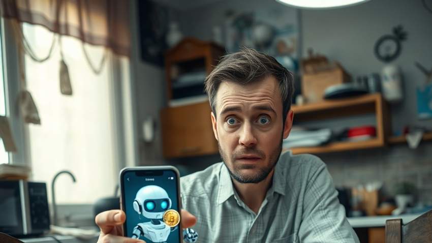 Человек в шоке смотрит на экран смартфона с нелепым финансовым советом от искусственного интеллекта