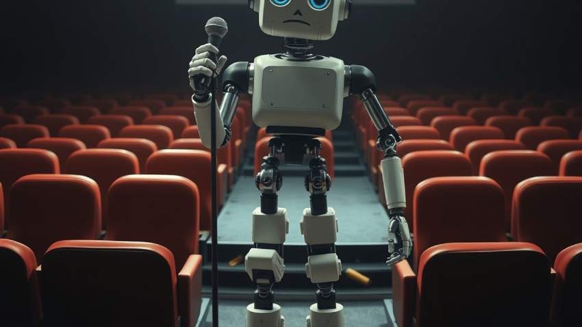 Стендап робота на пустой сцене, символизирующий провал искусственного интеллекта в юморе.