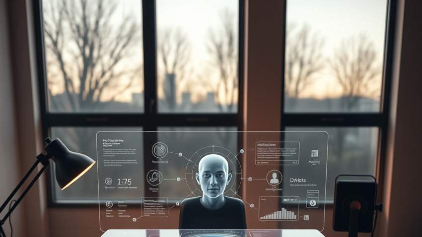 Рабочее место digital-специалиста с голографическим интерфейсом ИИ-аватара