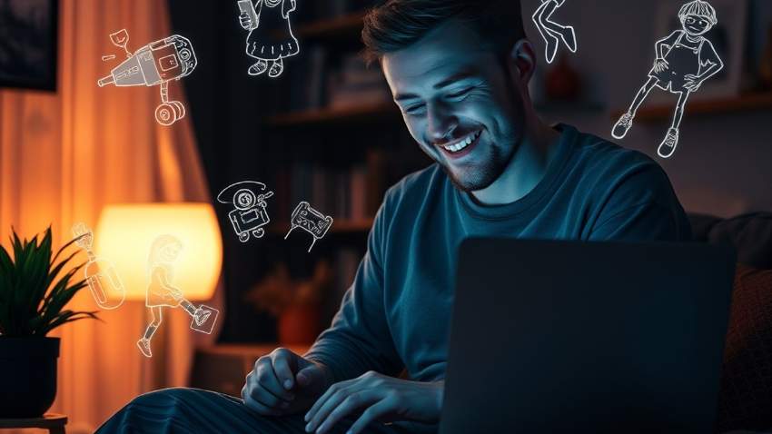 Фрилансер работает за ноутбуком с футуристичными интерфейсами ИИ